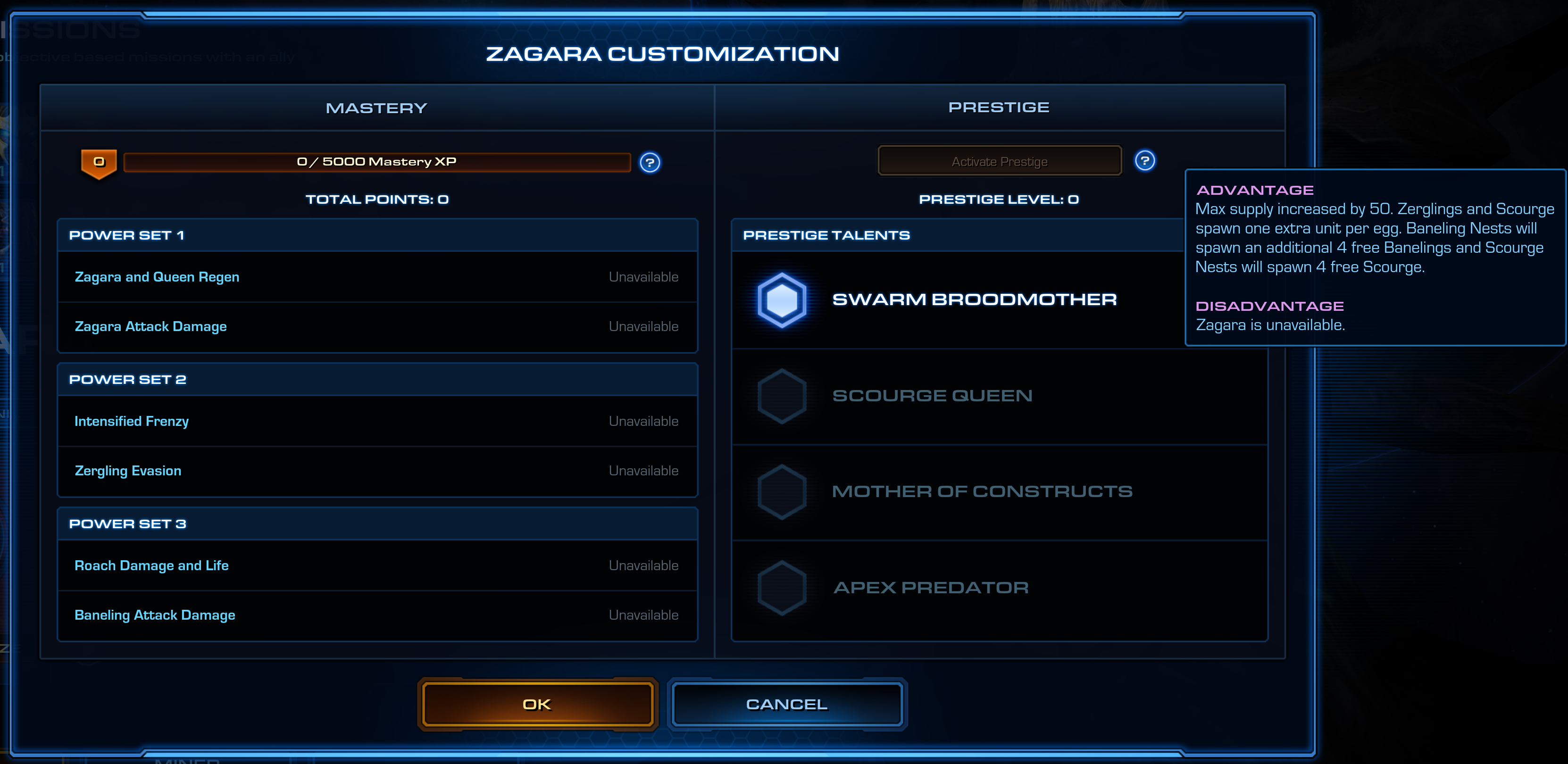 Co-op commander customization in StarCraft II: Zagara is a hero unit normally available with this commander, which you can give up in exchange for more powerful minions